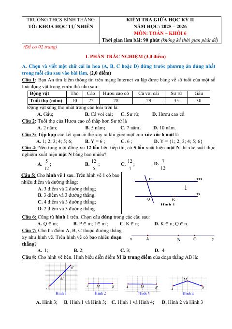 Đề thi Giữa kì 2 Toán 6 năm 2025-2026 trường THCS Bình Thắng (Vĩnh Long)
